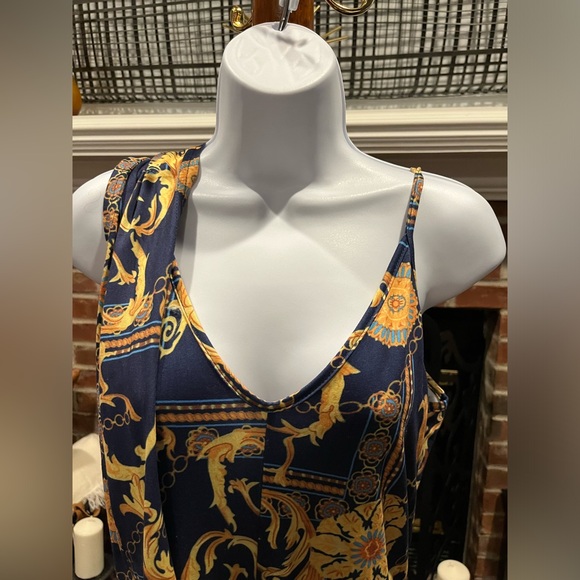 🔥Unbranded Versace Inspired Jumpsuit with Flare Legs. Pullon Blue&Gold Size:XL - Picture 5 of 13